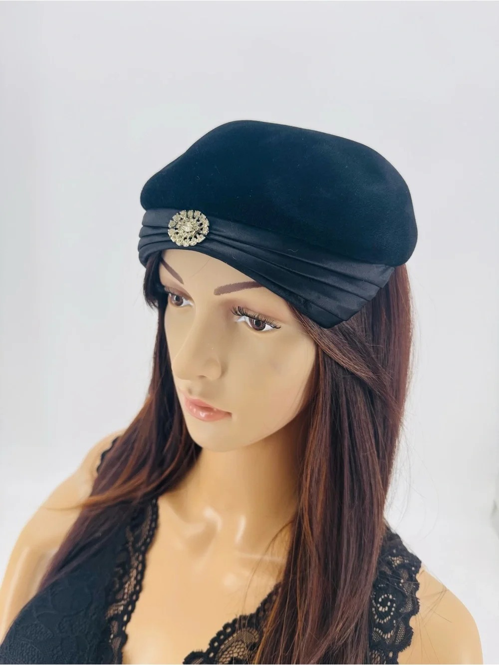 Vintage 50s Mid Century Art Deco Velour Satin Rhinestone Evening Juliet Cap Hat